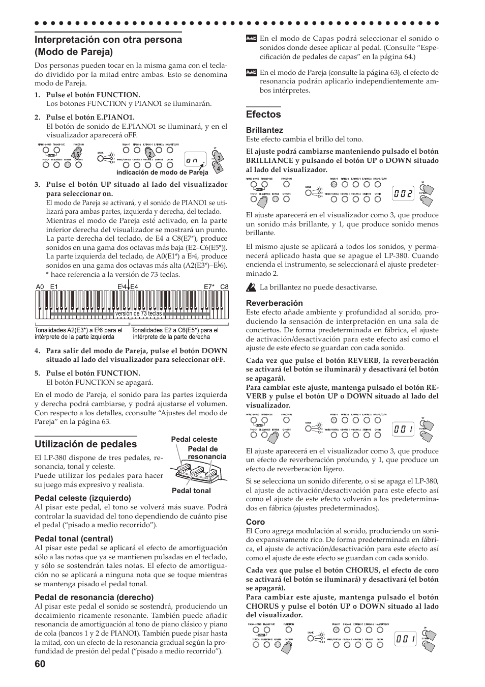 Interpretación con otra persona (modo de pareja), Utilización de pedales, Efectos | Interpretación con, Otra persona (modo de pareja), Utilización de pedales efectos | KORG LP-380-73 User Manual | Page 60 / 71