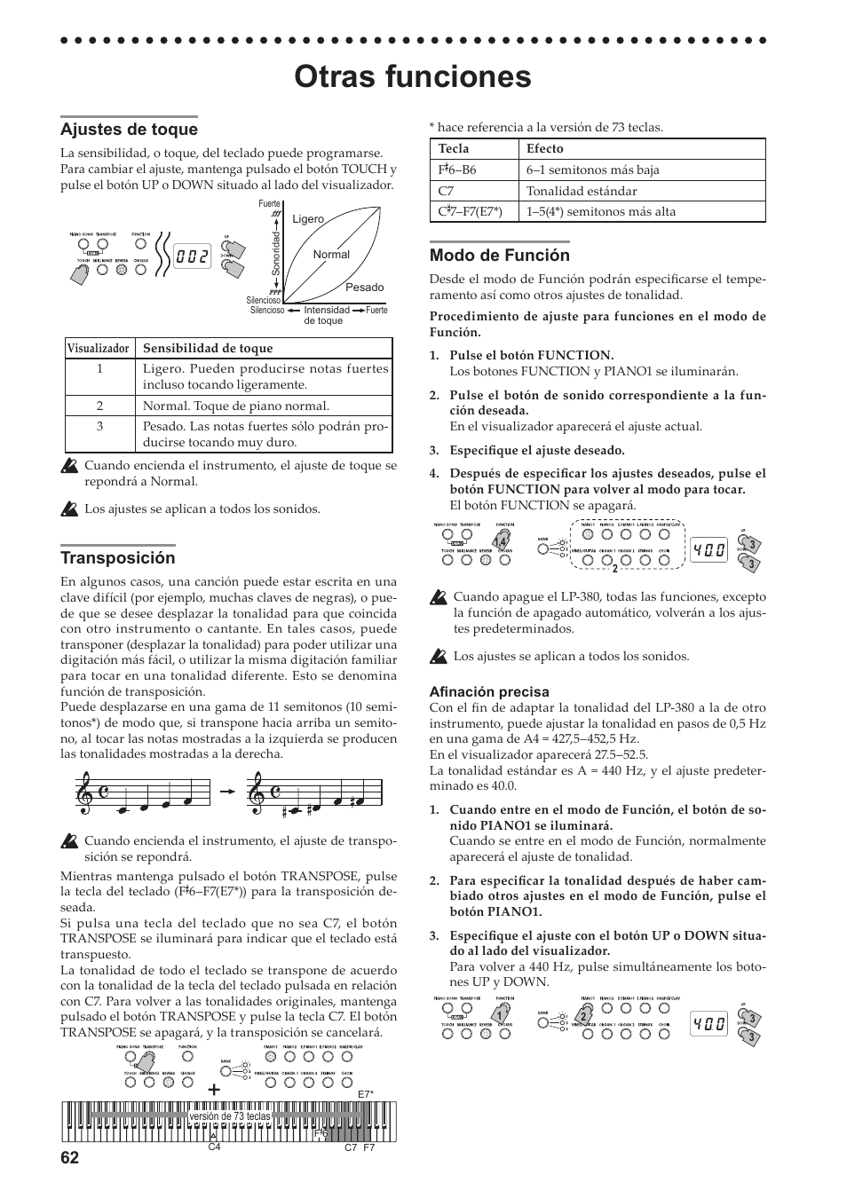 Otras funciones, Ajustes de toque, Transposición | Modo de función, Ajustes de toque transposición modo de función, Consulte “modo, 62 ajustes de toque | KORG LP-380-73 User Manual | Page 62 / 71