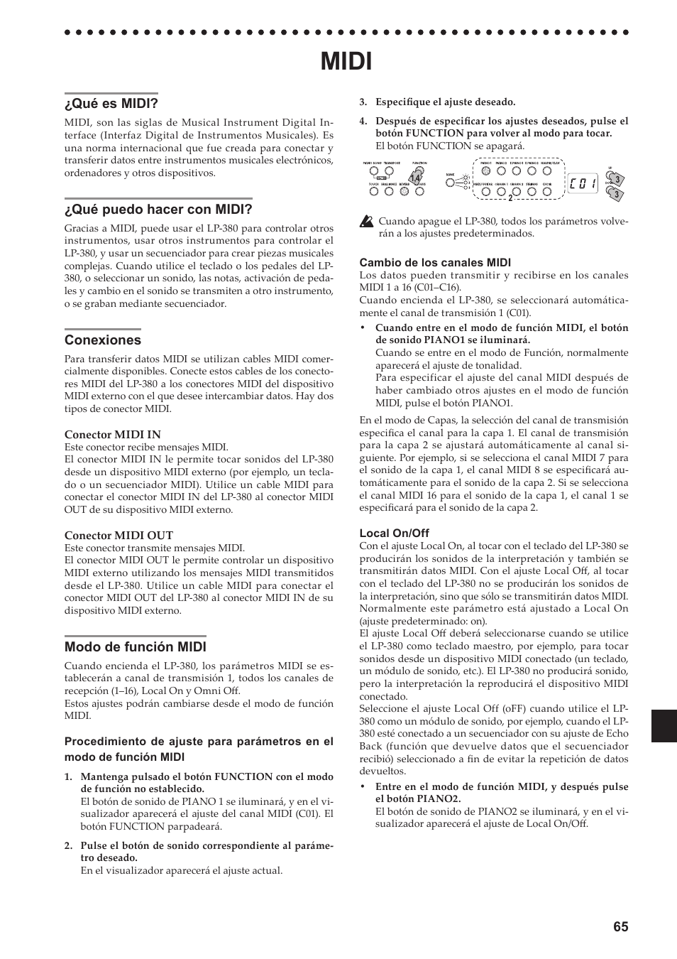 Midi, Qué es midi, Qué puedo hacer con midi | Conexiones, Modo de función midi, 65 ¿qué es midi | KORG LP-380-73 User Manual | Page 65 / 71