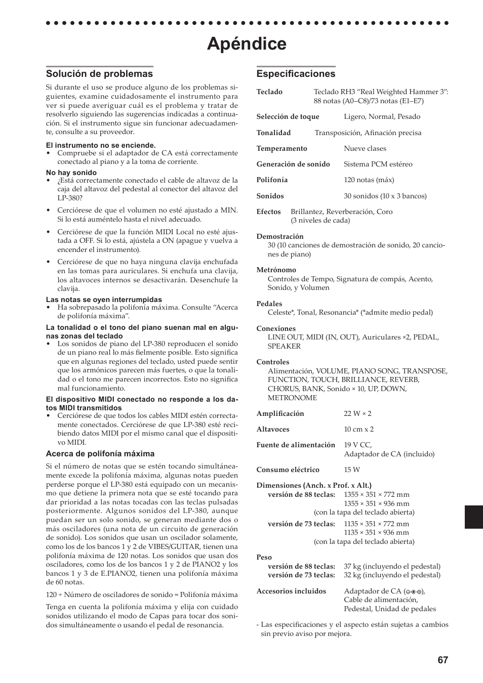 Apéndice, Solución de problemas, Especificaciones | Solución de problemas especificaciones, Consulte “acerca de, Consulte, 67 especificaciones | KORG LP-380-73 User Manual | Page 67 / 71