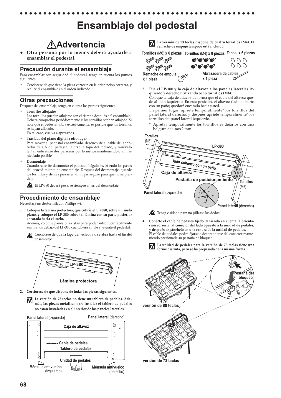 Ensamblaje del pedestal, Precaución durante el ensamblaje, Otras precauciones | Procedimiento de ensamblaje, Advertencia | KORG LP-380-73 User Manual | Page 68 / 71