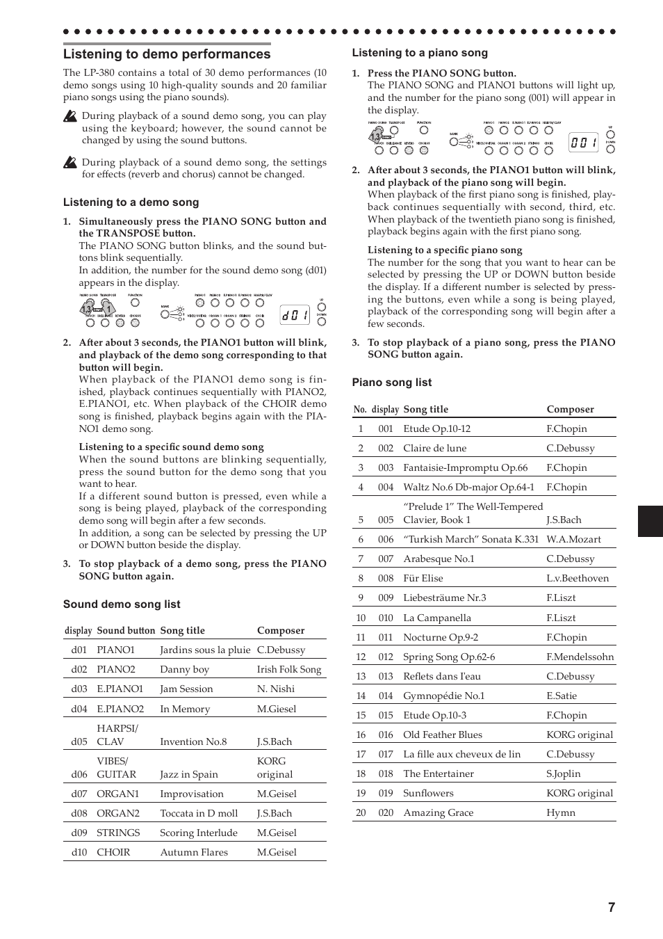 Listening to demo performances | KORG LP-380-73 User Manual | Page 7 / 71