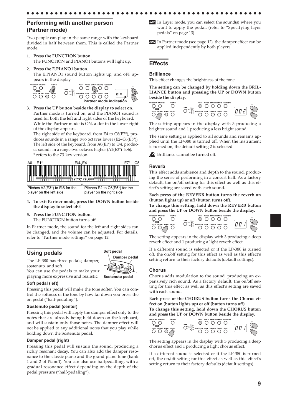 Performing with another person (partner mode), Using pedals, Effects | Performing with, Another person (partner mode), Using pedals effects | KORG LP-380-73 User Manual | Page 9 / 71