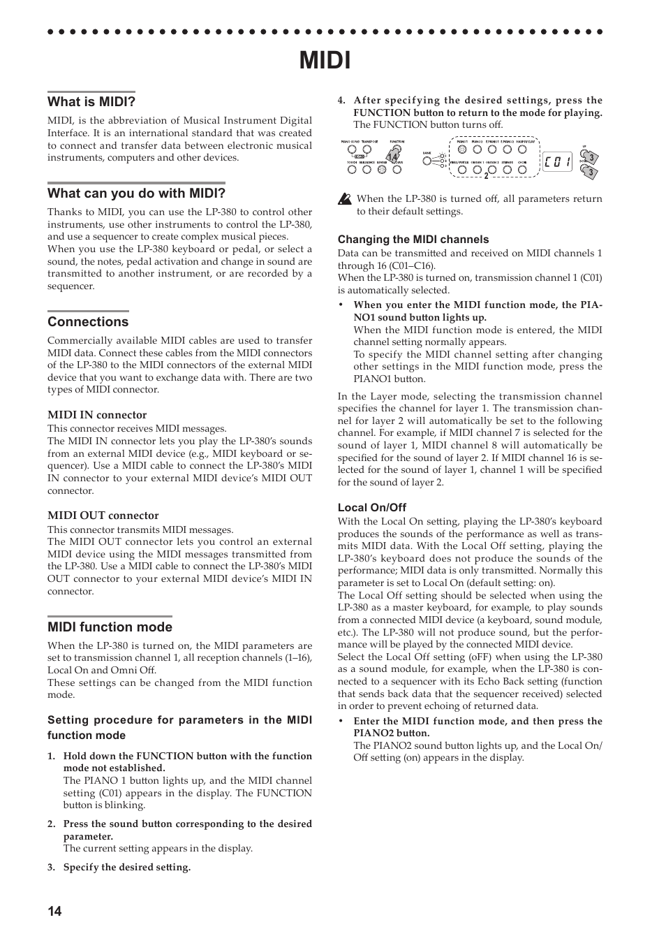 Midi, What is midi, What can you do with midi | Connections, Midi function mode | KORG LP-380-73 User Manual | Page 14 / 71