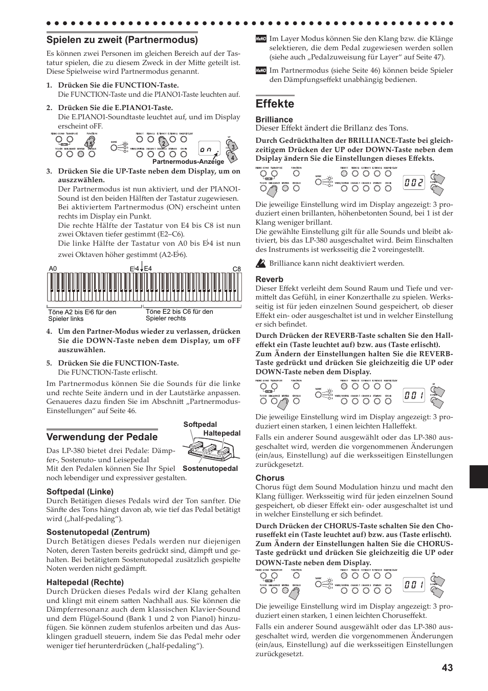 Spielen zu zweit (partnermodus), Verwendung der pedale, Effekte | KORG LP-380-73 User Manual | Page 43 / 71