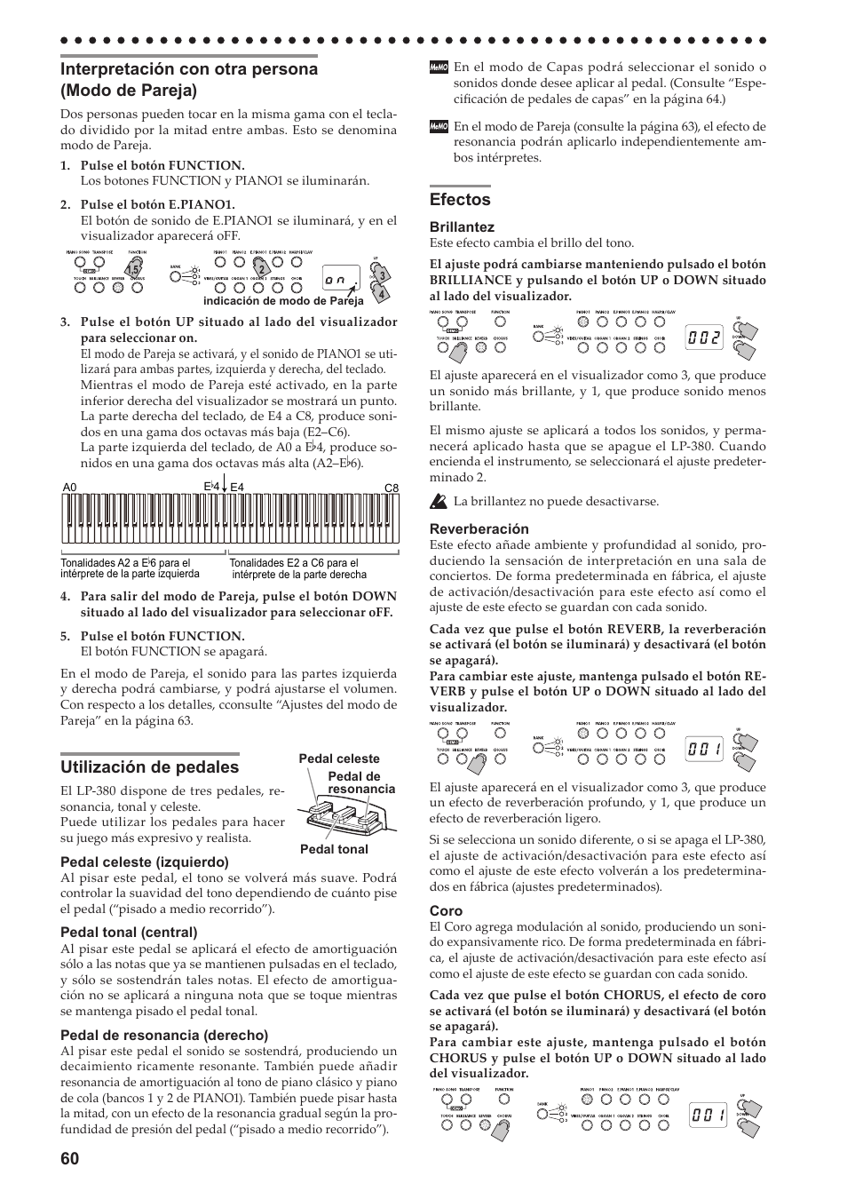 Interpretación con otra persona (modo de pareja), Utilización de pedales, Efectos | Interpretación con otra persona, Modo de pareja), Utilización de pedales efectos | KORG LP-380-73 User Manual | Page 60 / 71