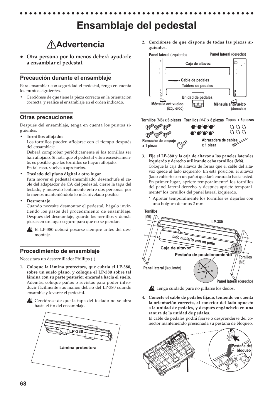 Ensamblaje del pedestal, Precaución durante el ensamblaje, Otras precauciones | Procedimiento de ensamblaje, Advertencia | KORG LP-380-73 User Manual | Page 68 / 71