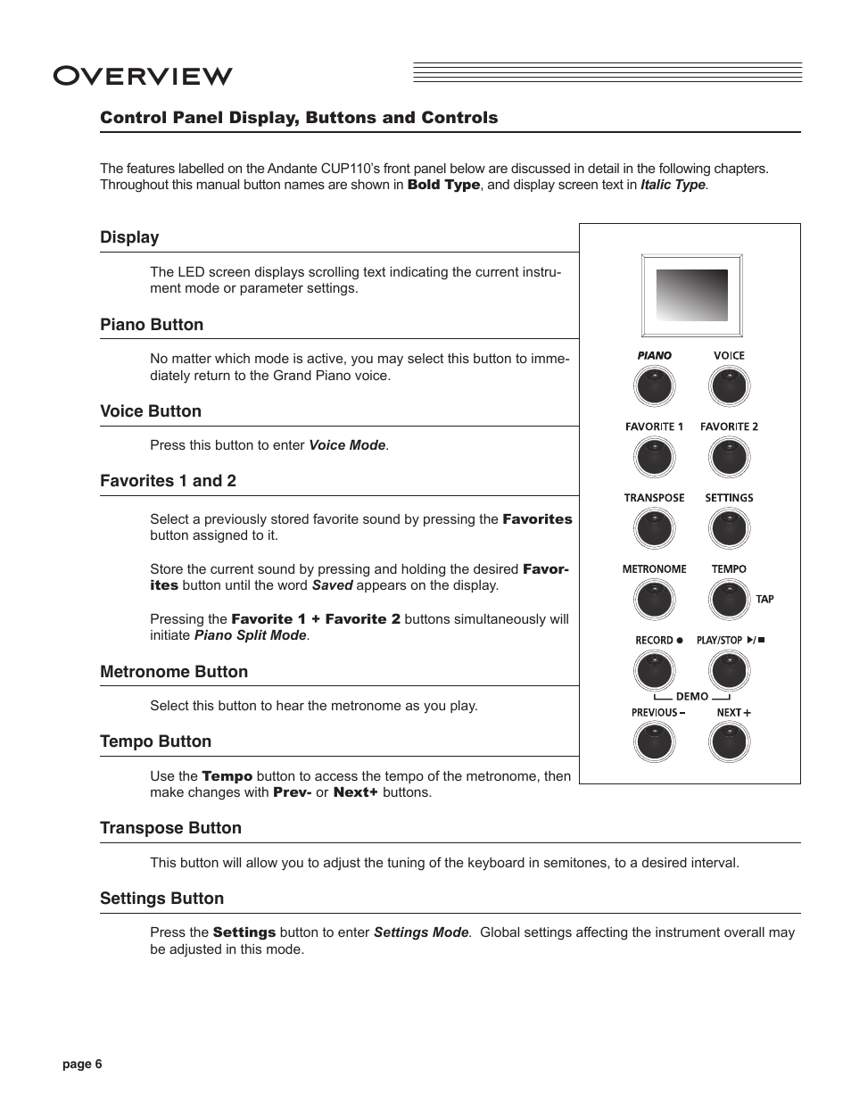 Control panel display, buttons and controls, Overview | Kurzweil CUP110 User Manual | Page 12 / 26