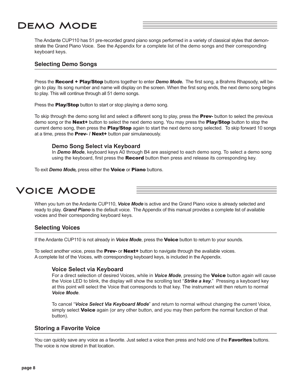 Demo mode, Voice mode, Demo mode voice mode | Kurzweil CUP110 User Manual | Page 14 / 26