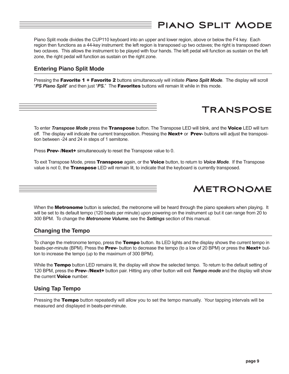 Piano split mode, Transpose, Metronome | Changing the tempo, Using tap tempo, Piano split mode transpose metronome, Changing the tempo using tap tempo | Kurzweil CUP110 User Manual | Page 15 / 26