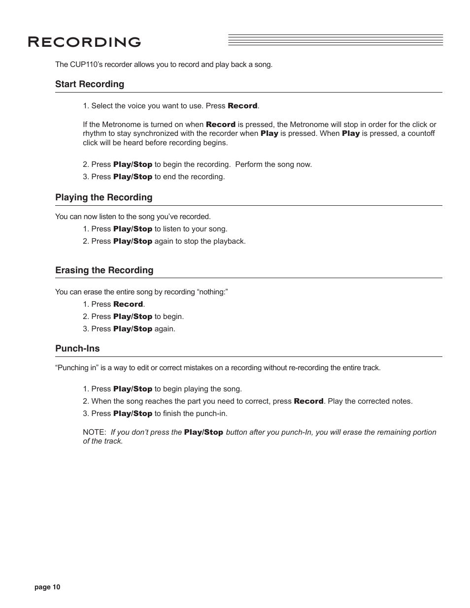 Recording, Start recording, Playing the recording | Erasing the recording, Punch-ins | Kurzweil CUP110 User Manual | Page 16 / 26