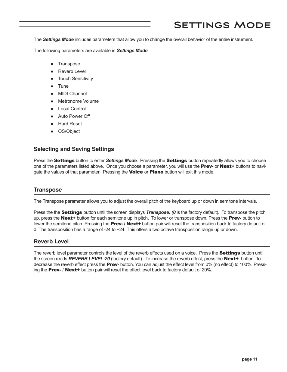 Settings mode, Selecting and saving settings, Transpose | Reverb level | Kurzweil CUP110 User Manual | Page 17 / 26