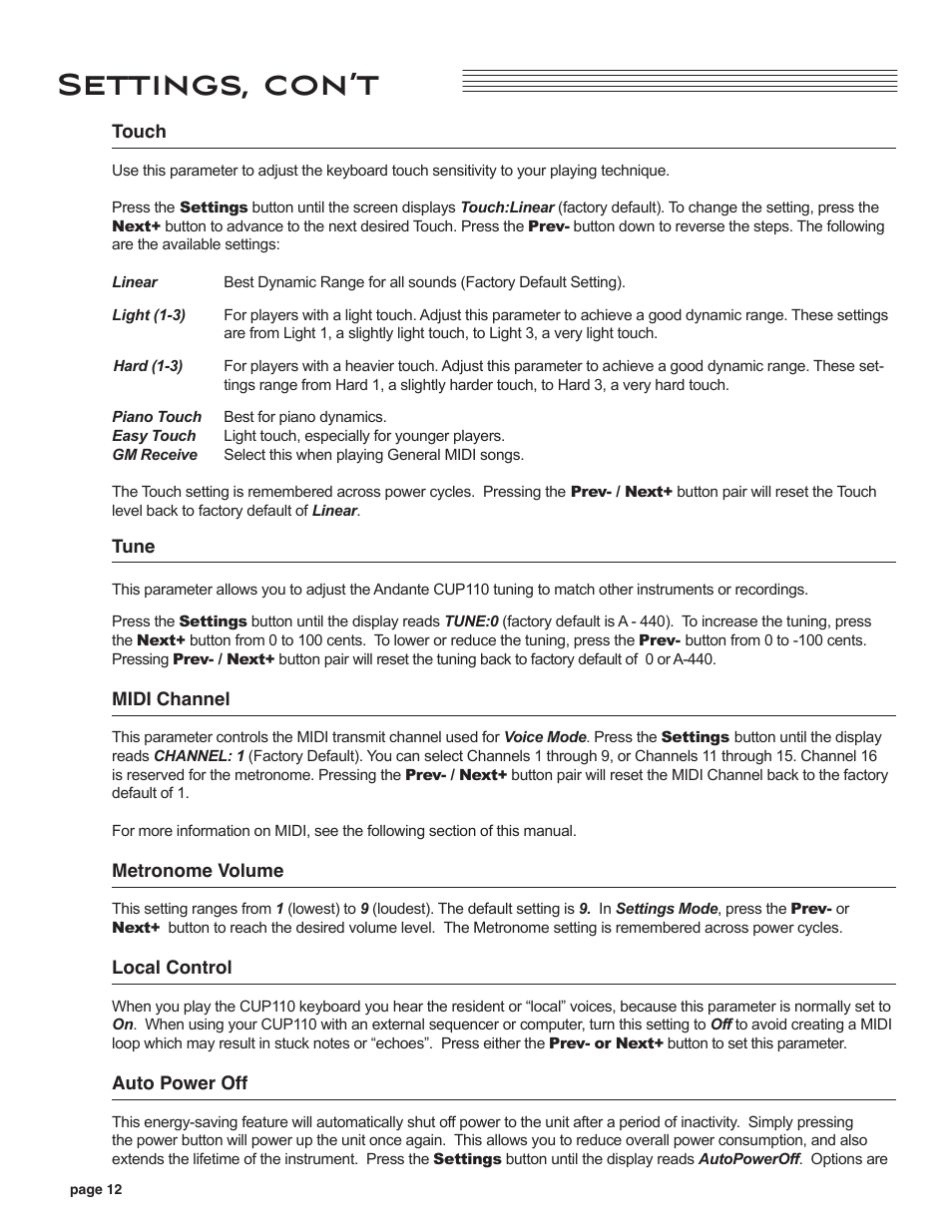 Touch, Tune, Midi channel | Metronome volume, Local control, Auto power off, Settings, con’t | Kurzweil CUP110 User Manual | Page 18 / 26