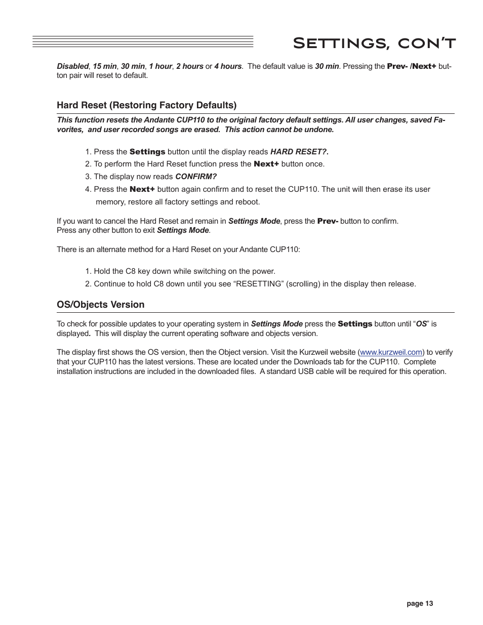 Hard reset (restoring factory defaults), Os/objects version, Settings, con’t | Kurzweil CUP110 User Manual | Page 19 / 26