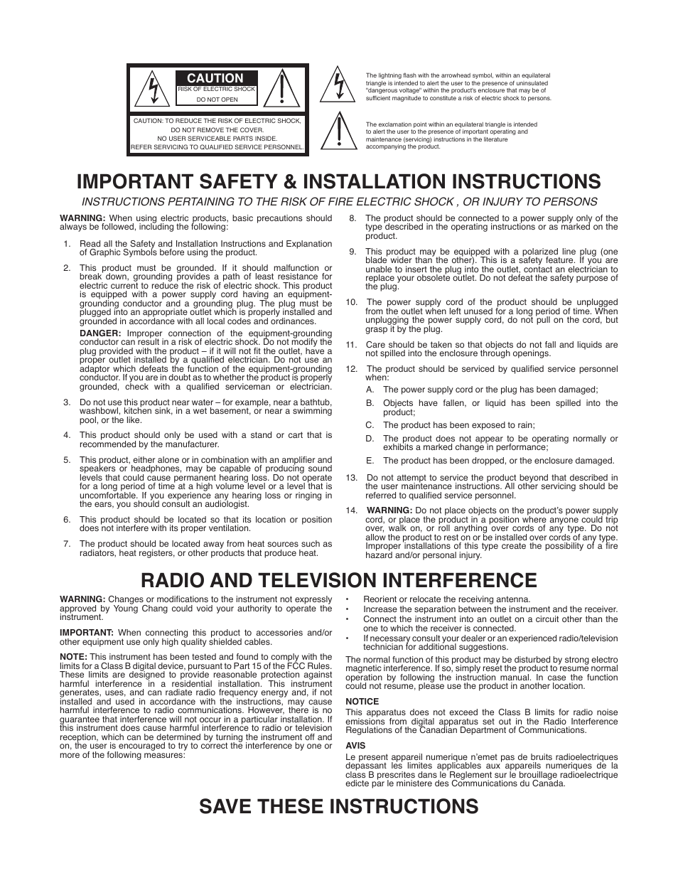 Important safety & installation instructions, Radio and television interference, Save these instructions | Caution | Kurzweil CUP110 User Manual | Page 2 / 26