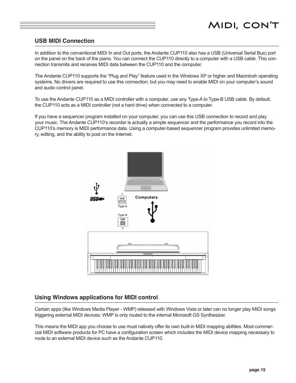 Usb midi connection, Using windows applications for midi control, Midi, con’t | Kurzweil CUP110 User Manual | Page 21 / 26