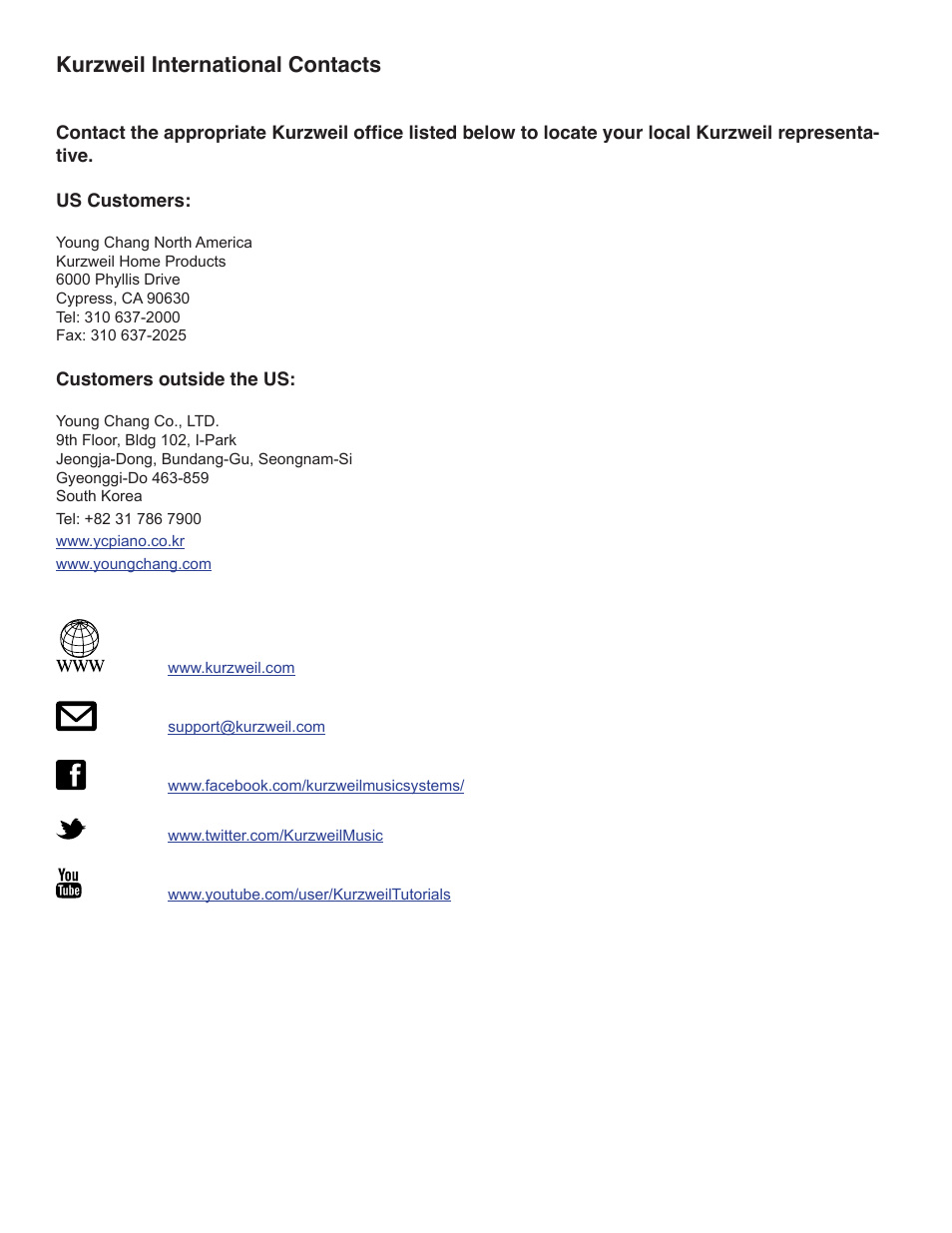 Kurzweil international contacts | Kurzweil CUP110 User Manual | Page 4 / 26