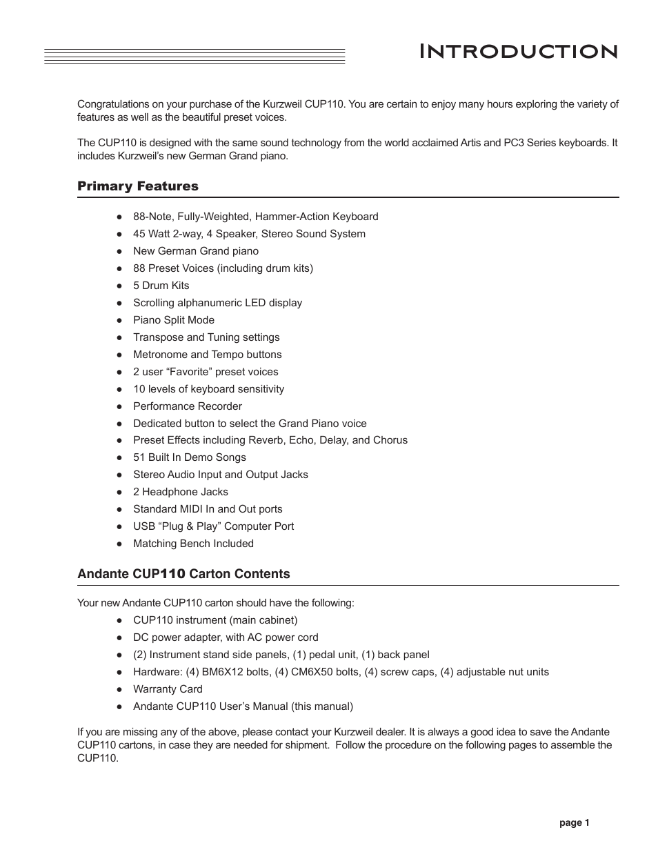 Introduction, Primary features | Kurzweil CUP110 User Manual | Page 7 / 26