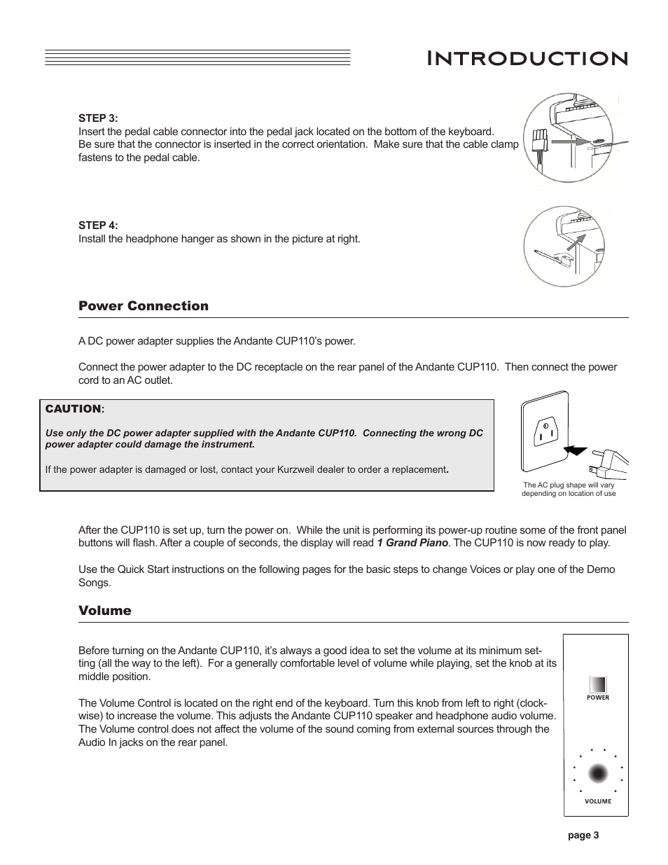 Power connection, Volume, Headphone jacks | Power connection volume headphone jacks, Introduction | Kurzweil CUP110 User Manual | Page 9 / 26