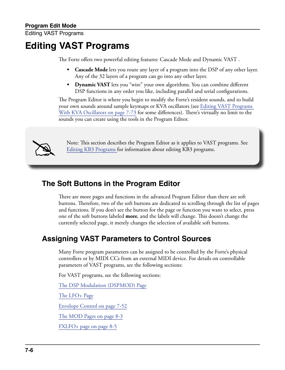 Editing vast programs, The soft buttons in the program editor, Assigning vast parameters to control sources | Editing vast programs -6 | Kurzweil Forte User Manual | Page 103 / 388