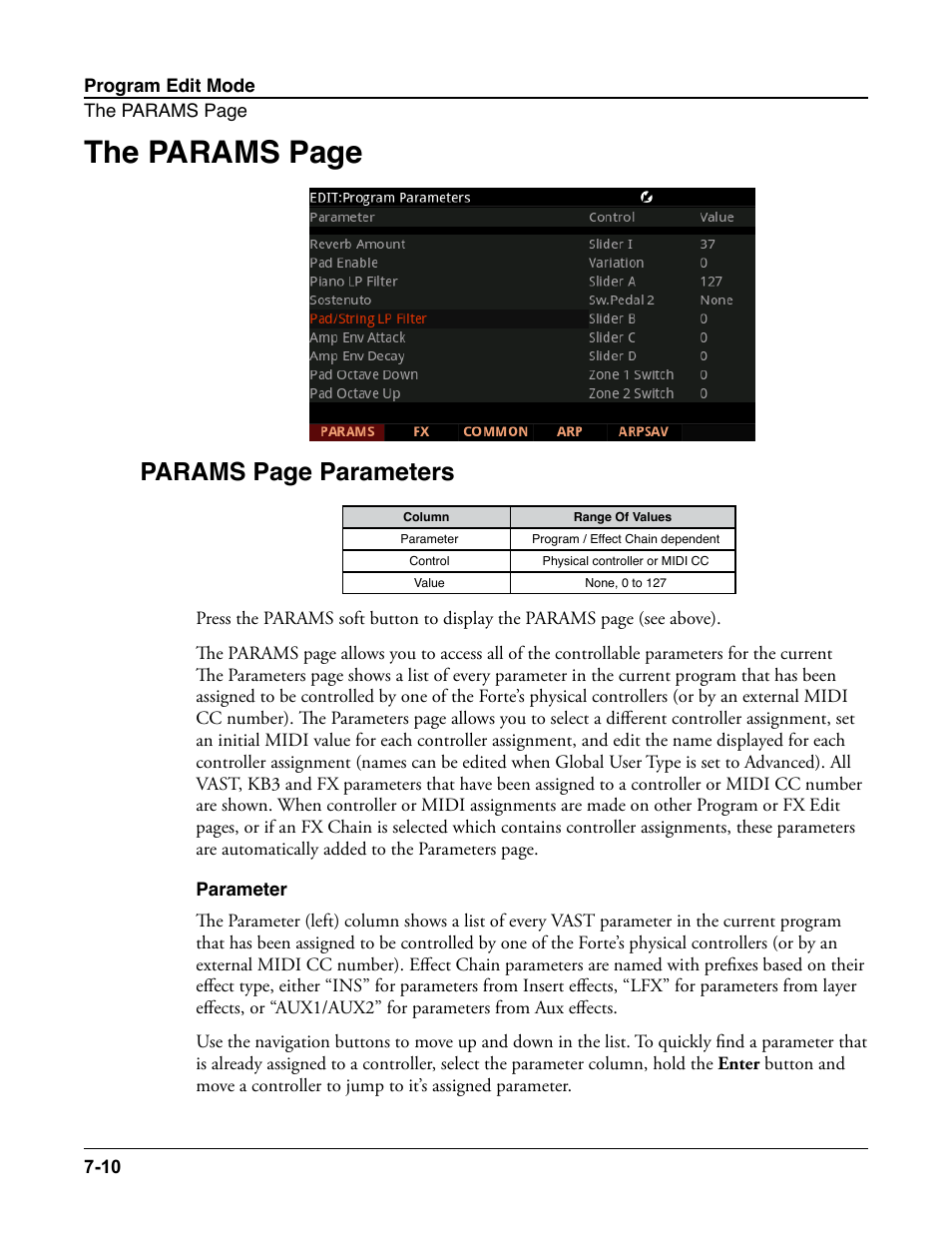 Parameter, Parameter -10, The params page | Params page parameters | Kurzweil Forte User Manual | Page 107 / 388