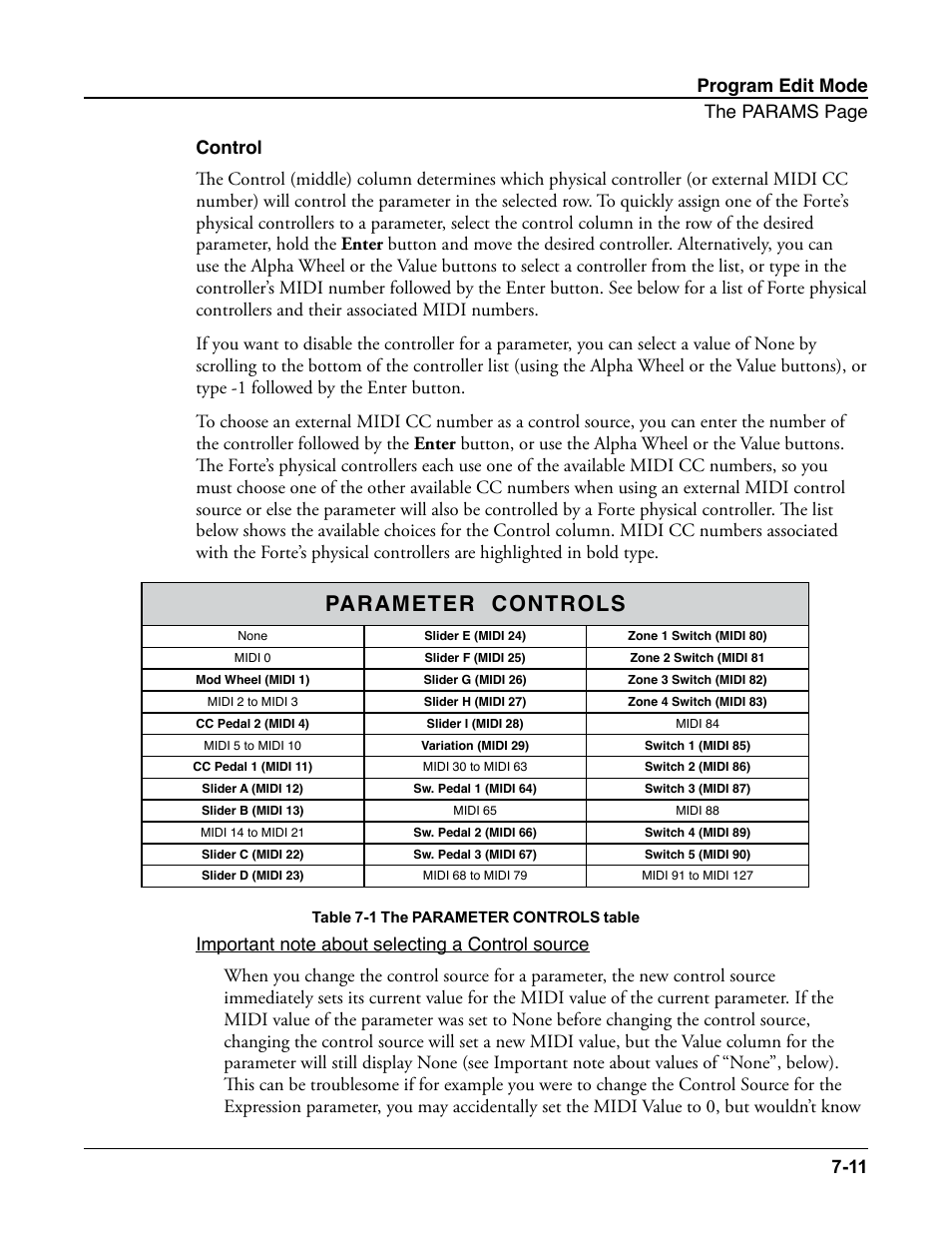 Control, Control -11, Ee the | Parameter controls | Kurzweil Forte User Manual | Page 108 / 388