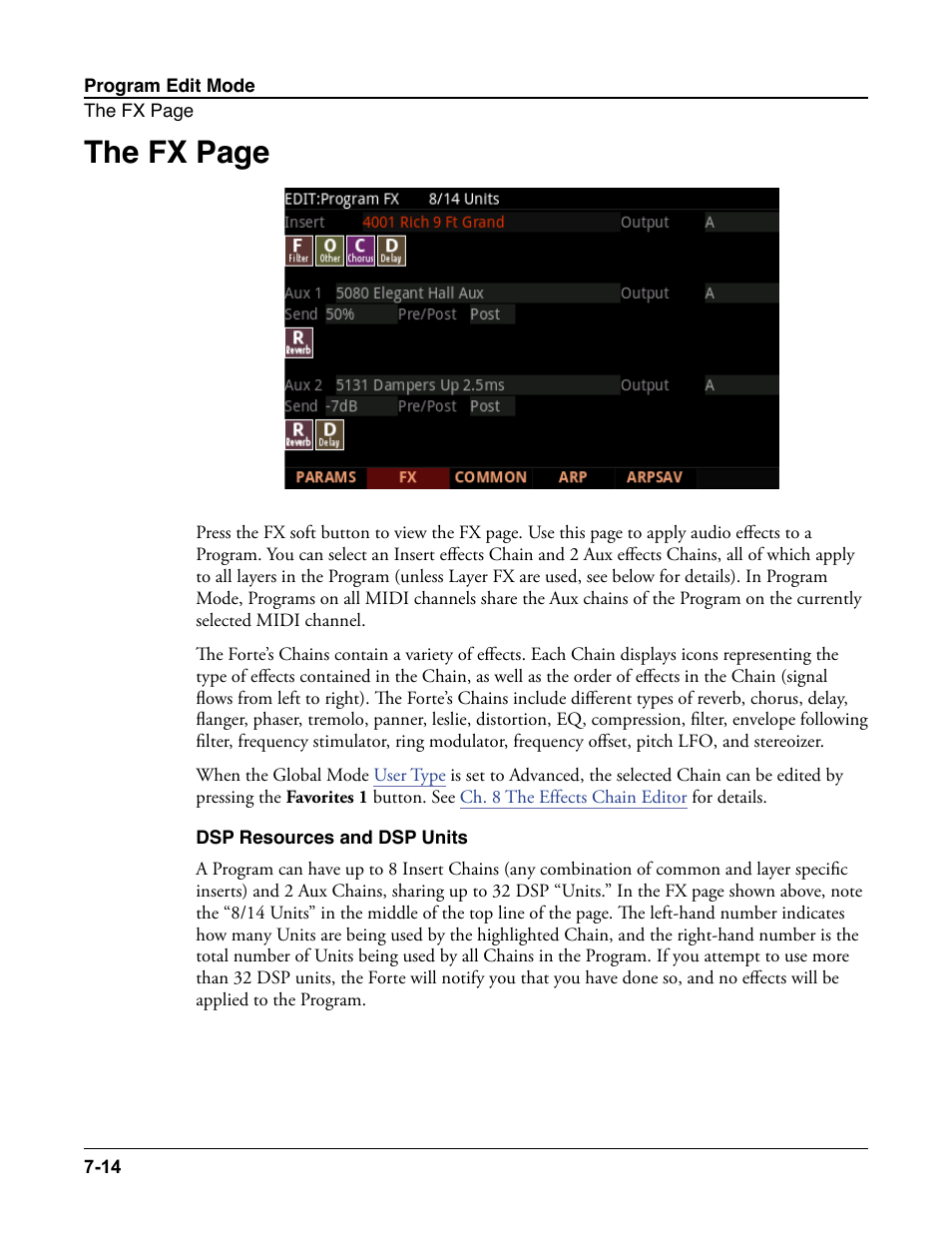 Dsp resources and dsp units, Dsp resources and dsp units -14, The fx page | Kurzweil Forte User Manual | Page 111 / 388