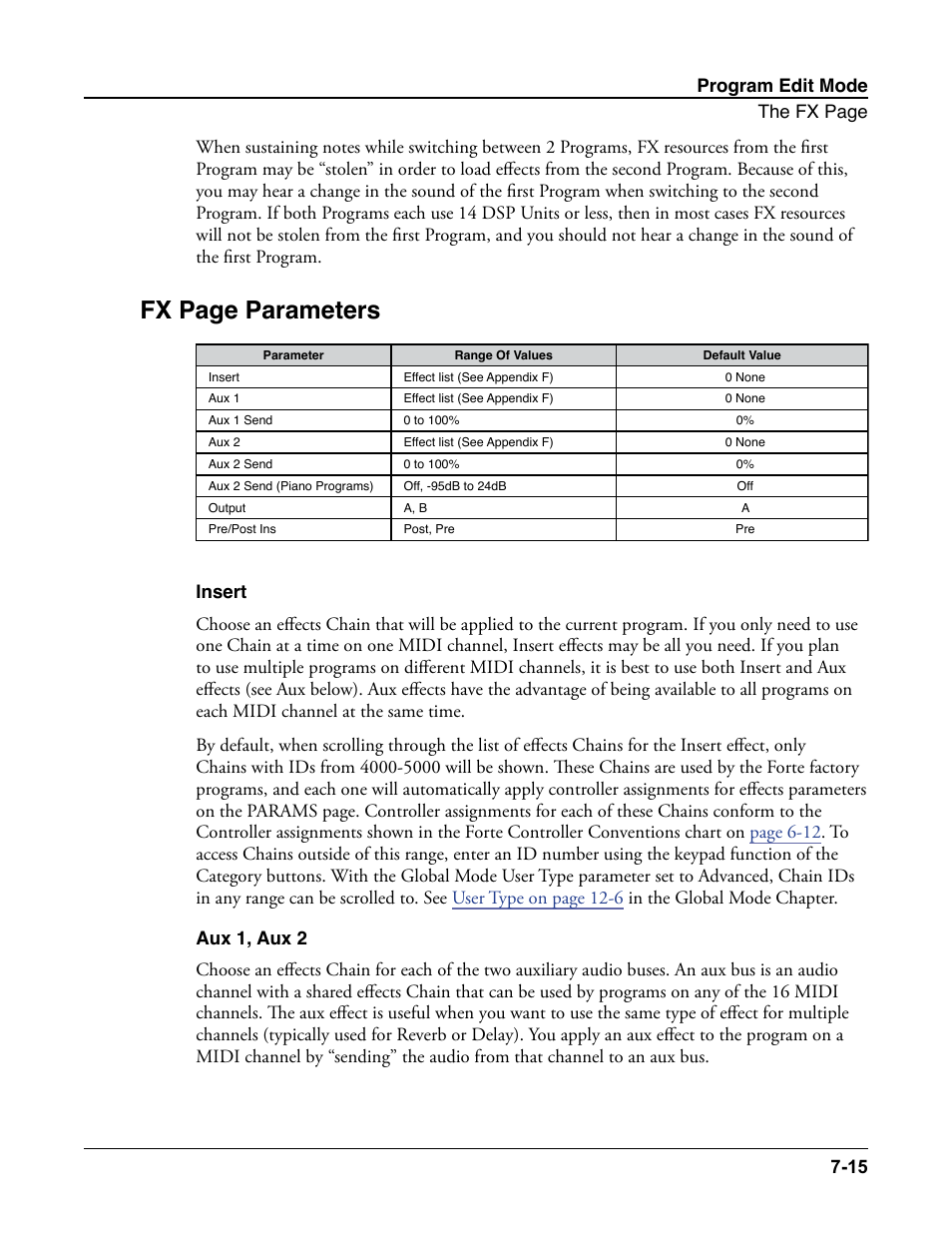 Insert, Aux 1, aux 2, Insert -15 aux 1, aux 2 -15 | Fx page parameters | Kurzweil Forte User Manual | Page 112 / 388