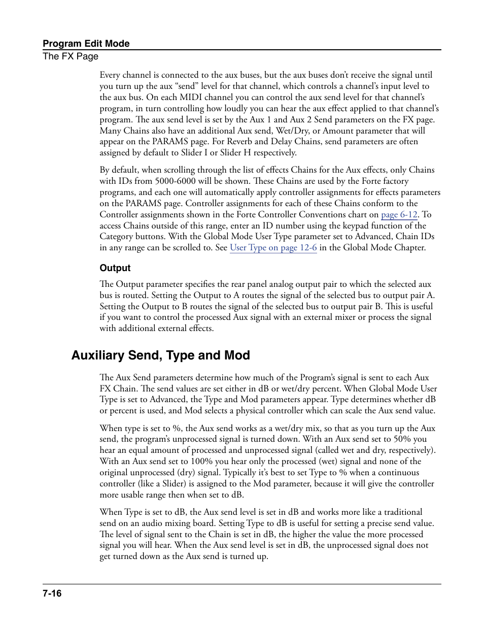 Output, Auxiliary send, type and mod, Output -16 | Auxiliary send, type and mod -16 | Kurzweil Forte User Manual | Page 113 / 388