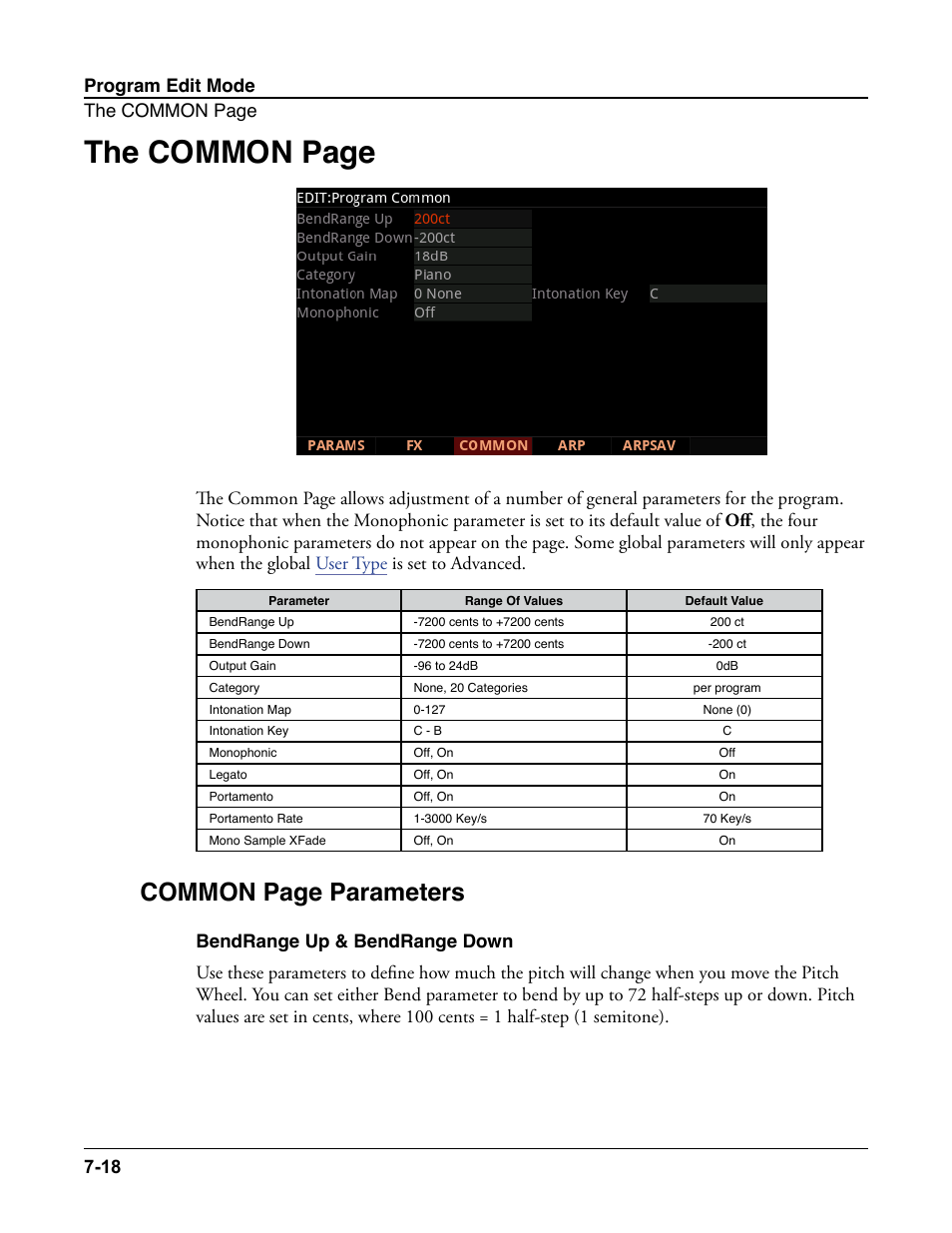 Bendrange up & bendrange down, Bendrange up & bendrange down -18, The common page | Common page parameters, Program edit mode the common page 7-18 | Kurzweil Forte User Manual | Page 115 / 388