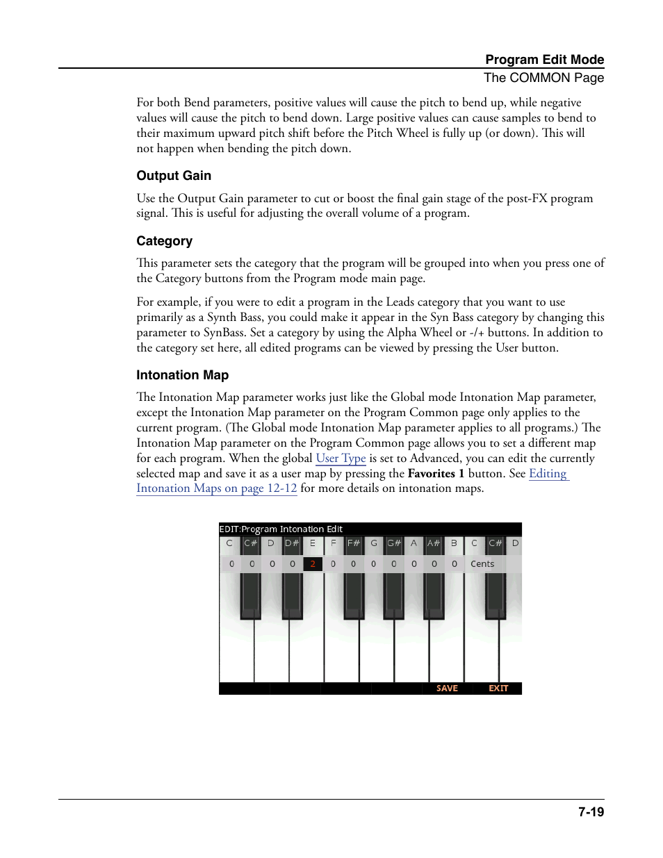 Output gain, Category, Intonation map | Output gain -19 category -19 intonation map -19 | Kurzweil Forte User Manual | Page 116 / 388