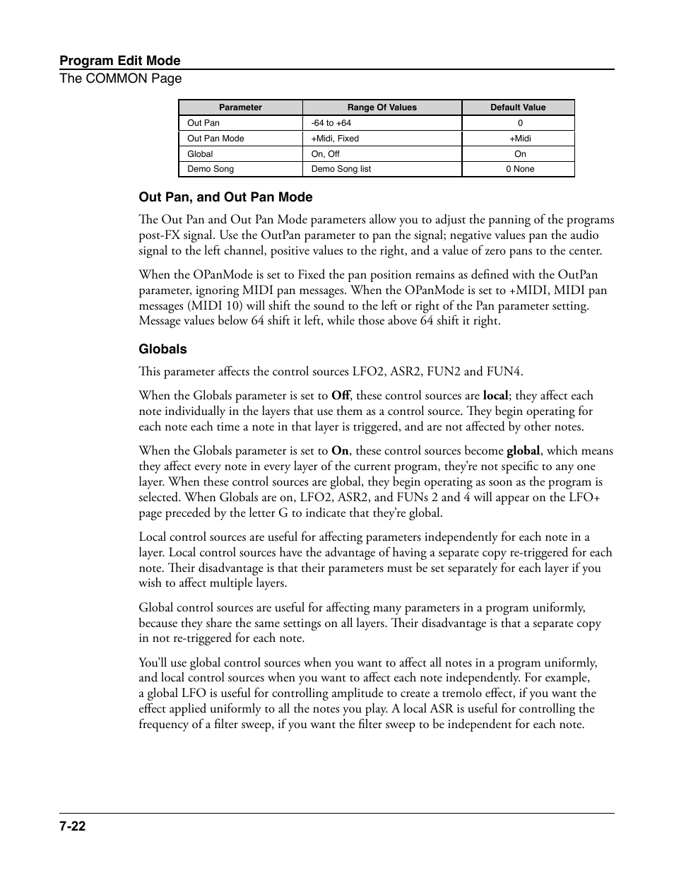 Out pan, and out pan mode, Globals, Out pan, and out pan mode -22 globals -22 | Kurzweil Forte User Manual | Page 119 / 388