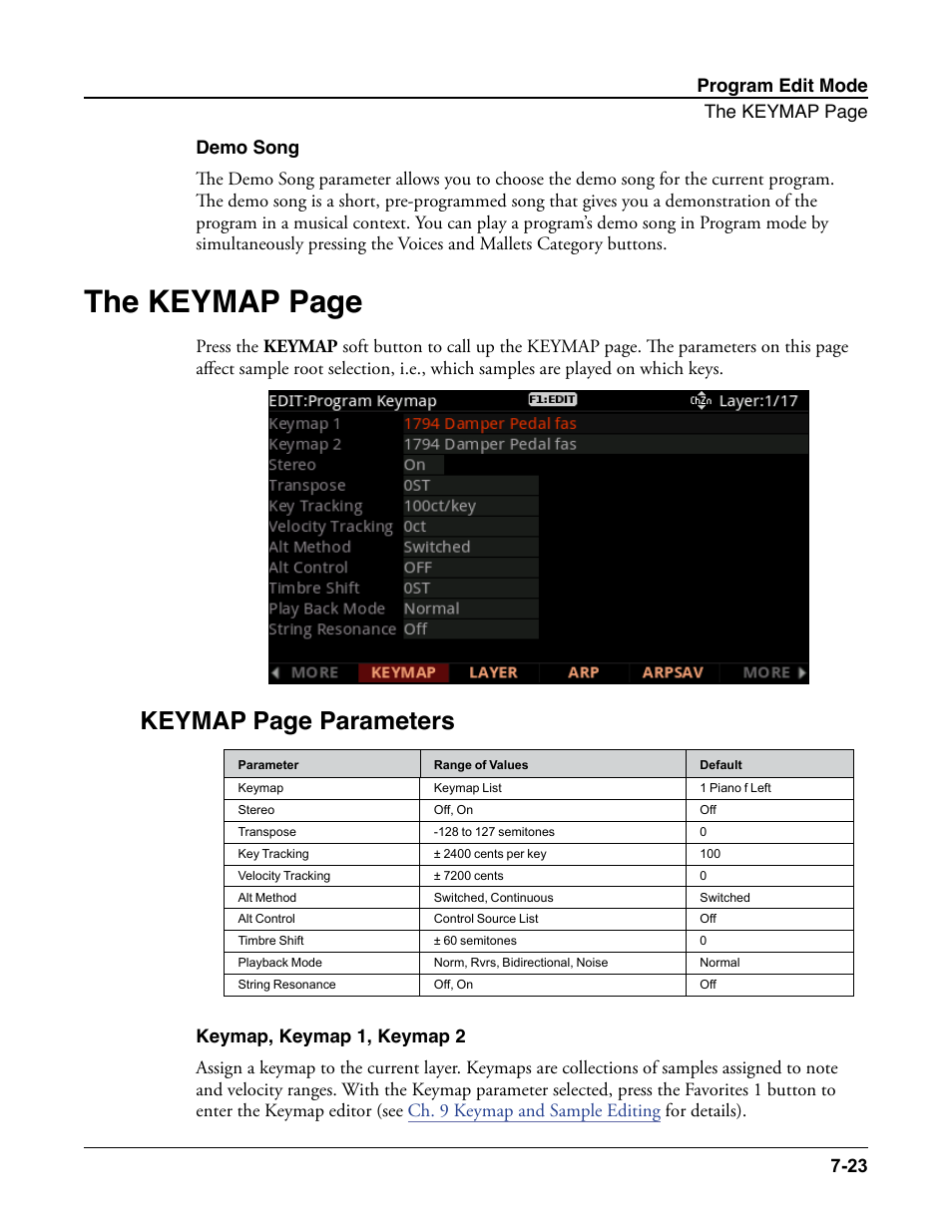 Demo song, Keymap, keymap 1, keymap 2, Demo song -23 | Keymap, keymap 1, keymap 2 -23, The keymap page, Keymap page parameters | Kurzweil Forte User Manual | Page 120 / 388