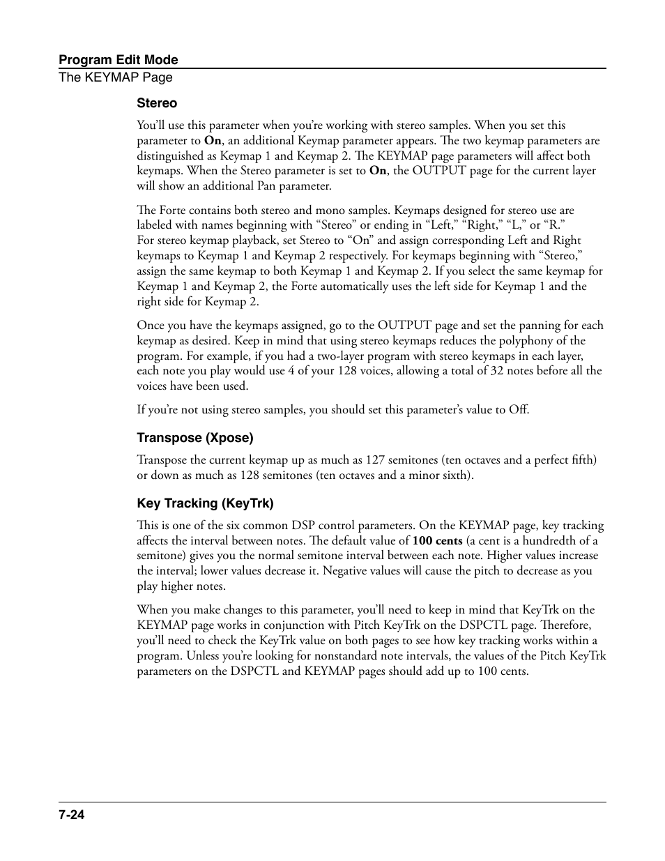 Stereo, Transpose (xpose), Key tracking (keytrk) | Kurzweil Forte User Manual | Page 121 / 388