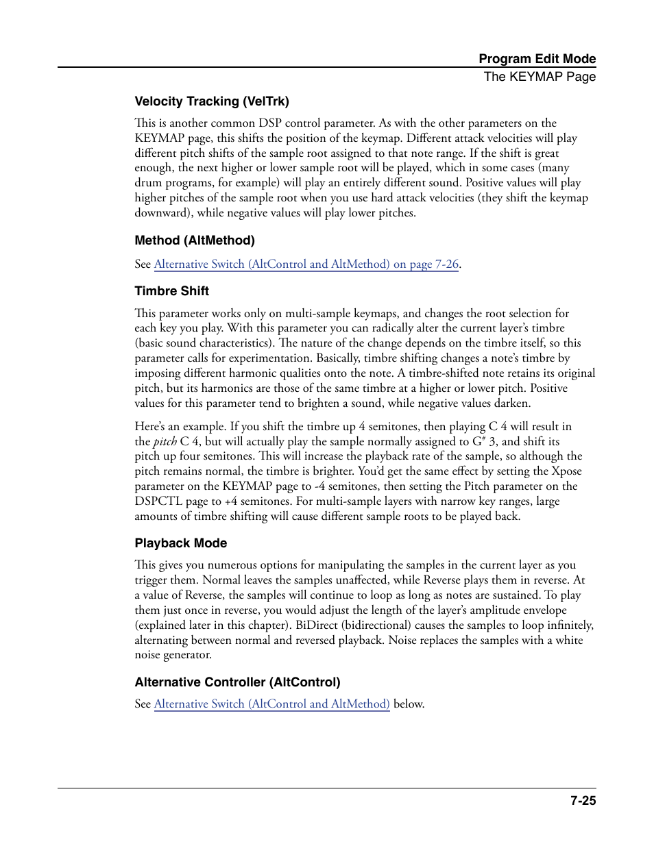Velocity tracking (veltrk), Method (altmethod), Timbre shift | Playback mode, Alternative controller (altcontrol) | Kurzweil Forte User Manual | Page 122 / 388