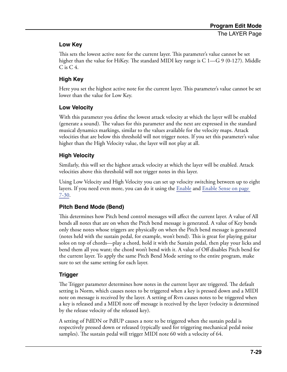 Low key, High key, Low velocity | High velocity, Pitch bend mode (bend), Trigger | Kurzweil Forte User Manual | Page 126 / 388