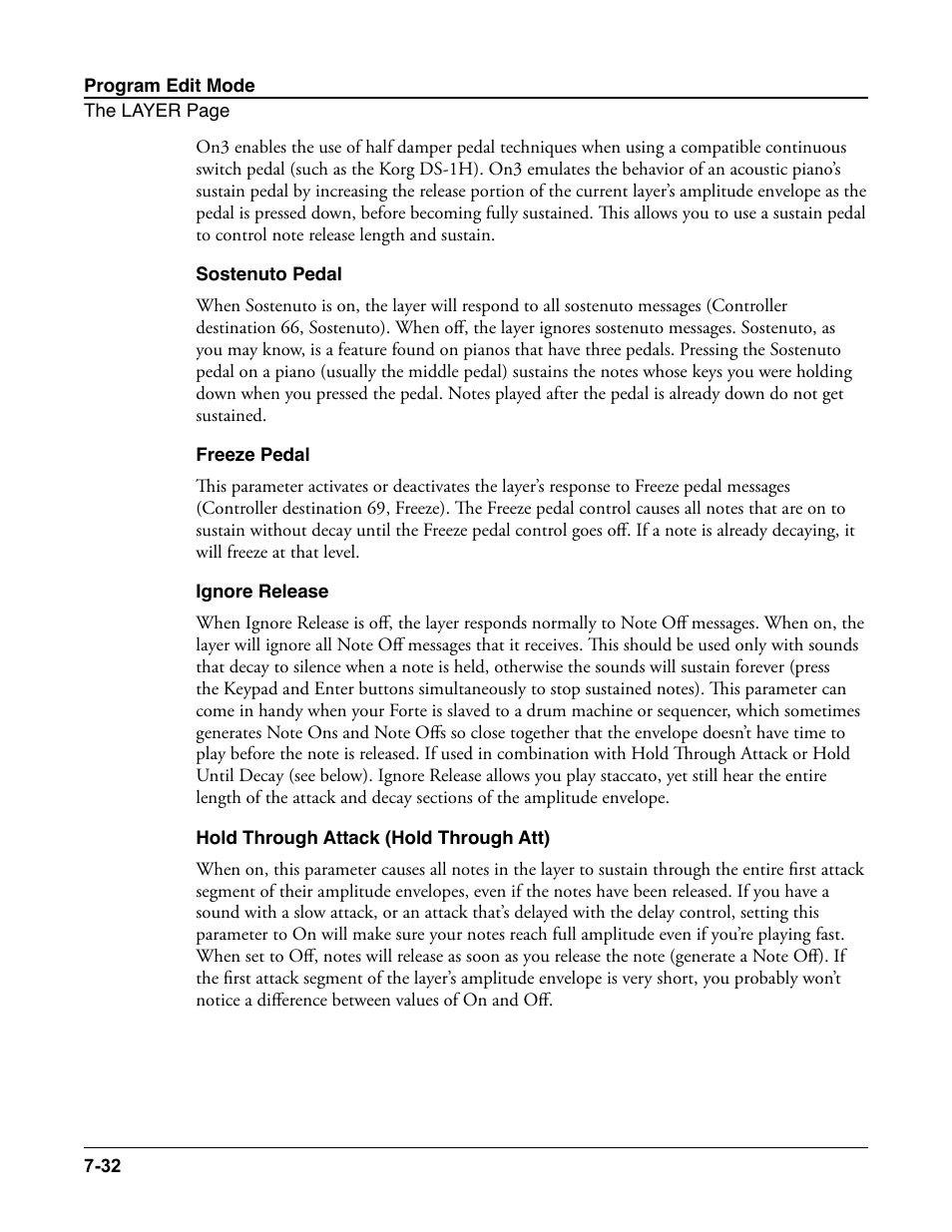 Sostenuto pedal, Freeze pedal, Ignore release | Hold through attack (hold through att) | Kurzweil Forte User Manual | Page 129 / 388