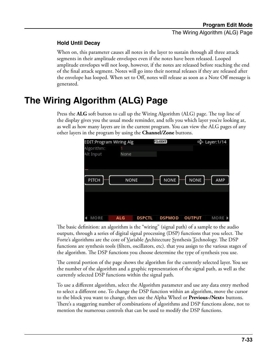 Hold until decay, Hold until decay -33, The wiring algorithm (alg) page | Kurzweil Forte User Manual | Page 130 / 388