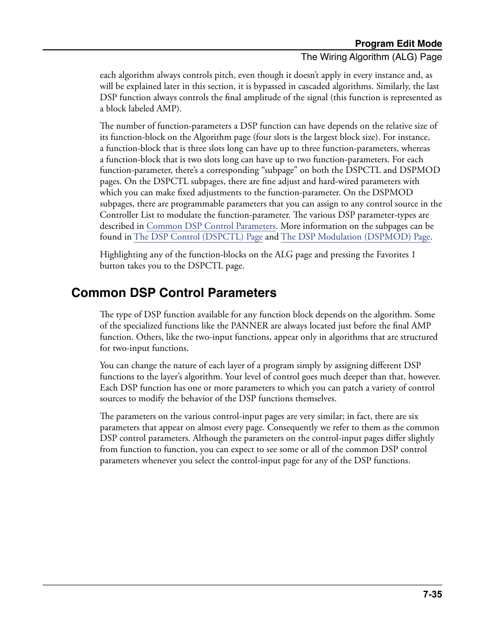 Common dsp control parameters, Common dsp control parameters -35 | Kurzweil Forte User Manual | Page 132 / 388