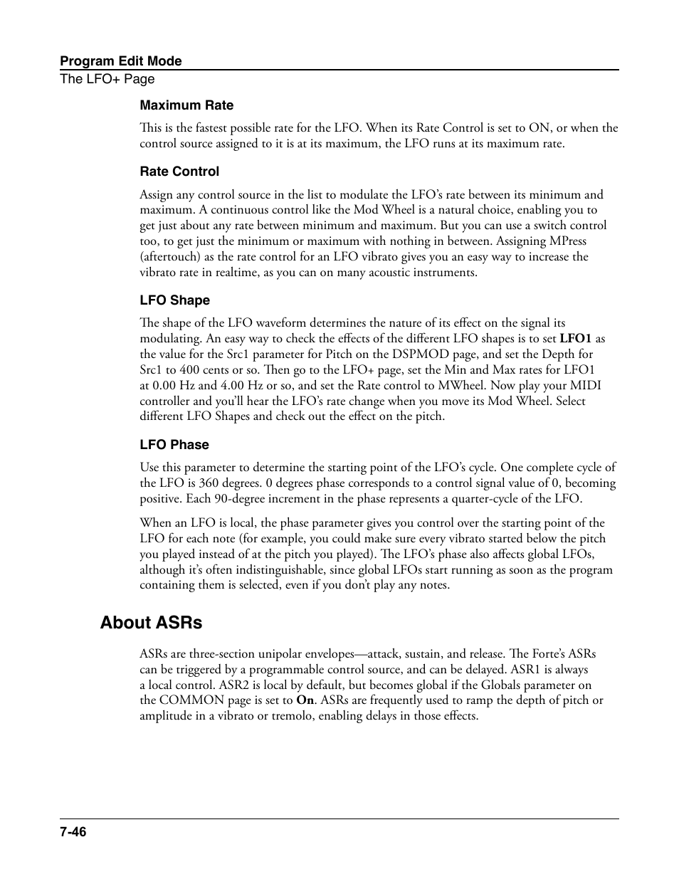 Maximum rate, Rate control, Lfo shape | Lfo phase, About asrs, About asrs -46 | Kurzweil Forte User Manual | Page 143 / 388