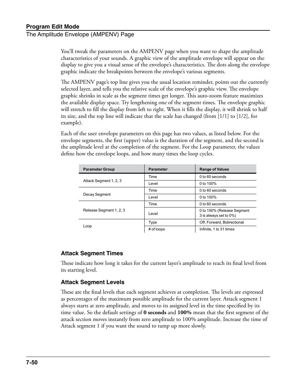Attack segment times, Attack segment levels, Attack segment times -50 attack segment levels -50 | Kurzweil Forte User Manual | Page 147 / 388