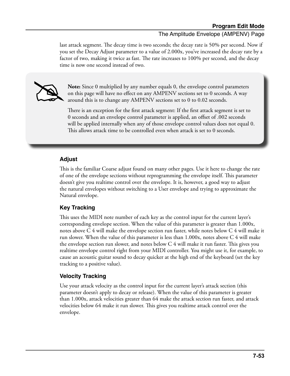 Adjust, Key tracking, Velocity tracking | Adjust -53 key tracking -53 velocity tracking -53 | Kurzweil Forte User Manual | Page 150 / 388