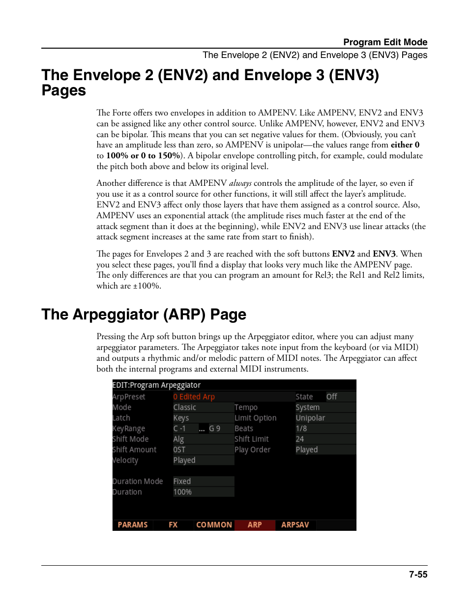 The envelope 2 (env2) and envelope 3 (env3) pages, The arpeggiator (arp) page | Kurzweil Forte User Manual | Page 152 / 388