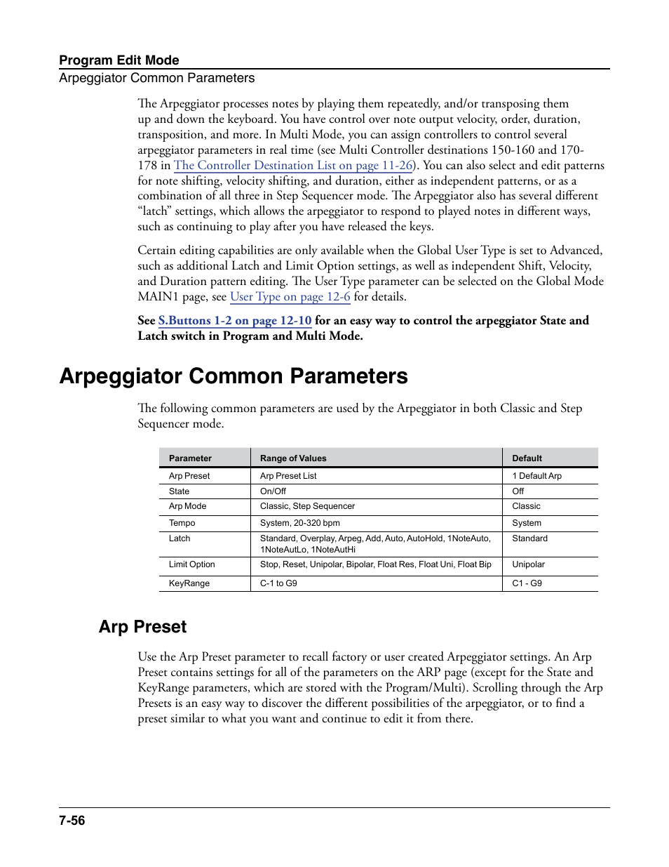 Arpeggiator common parameters, Arp preset, Arpeggiator common parameters -56 | Arp preset -56 | Kurzweil Forte User Manual | Page 153 / 388