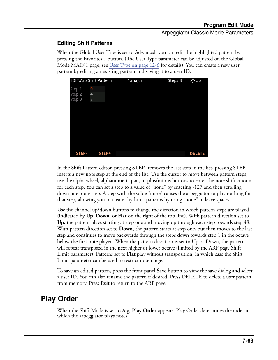 Editing shift patterns, Play order, Editing shift patterns -63 | Play order -63 | Kurzweil Forte User Manual | Page 160 / 388