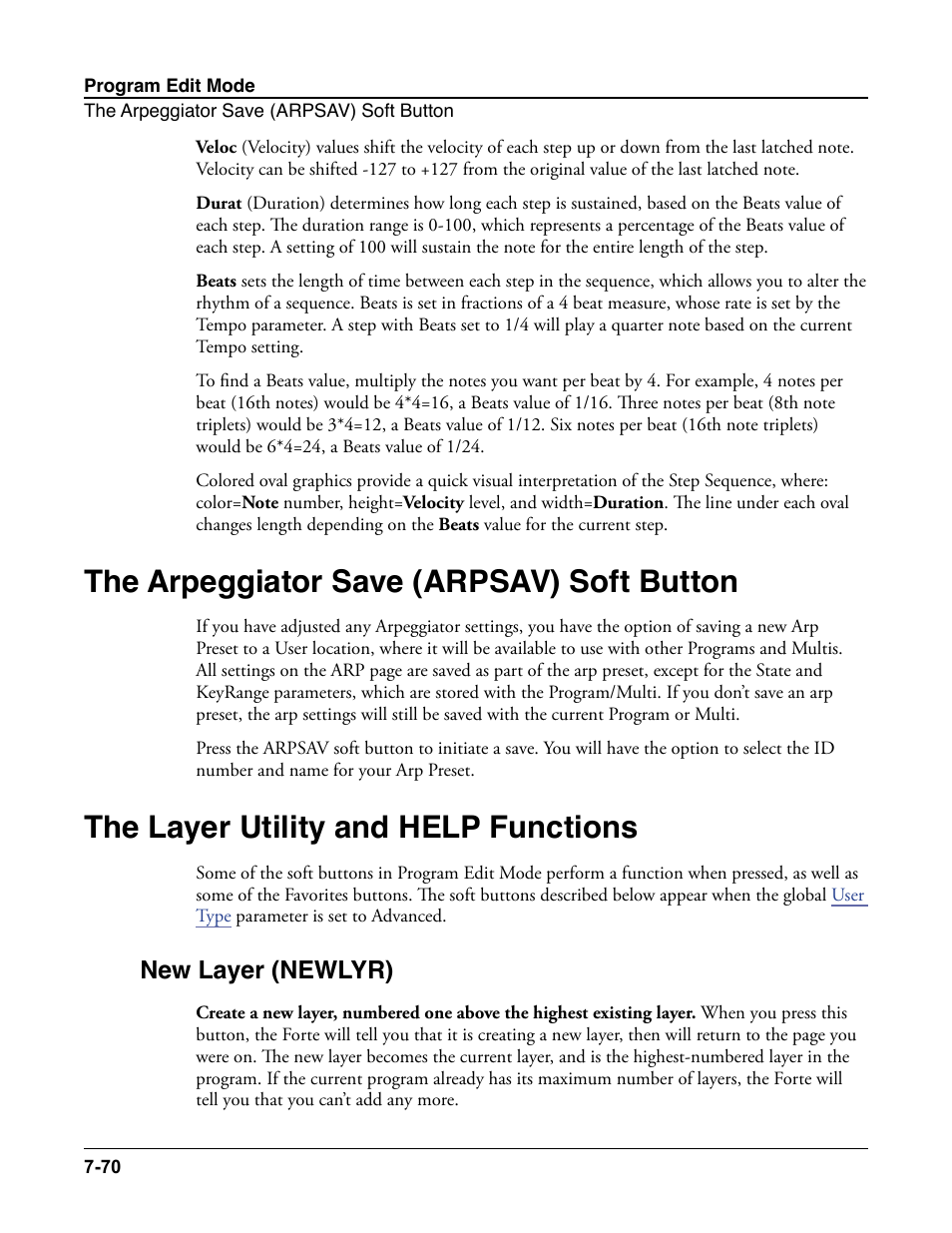 The arpeggiator save (arpsav) soft button, The layer utility and help functions, New layer (newlyr) | The arpeggiator save (arpsav) soft button -70, The layer utility and help functions -70, New layer (newlyr) -70 | Kurzweil Forte User Manual | Page 167 / 388