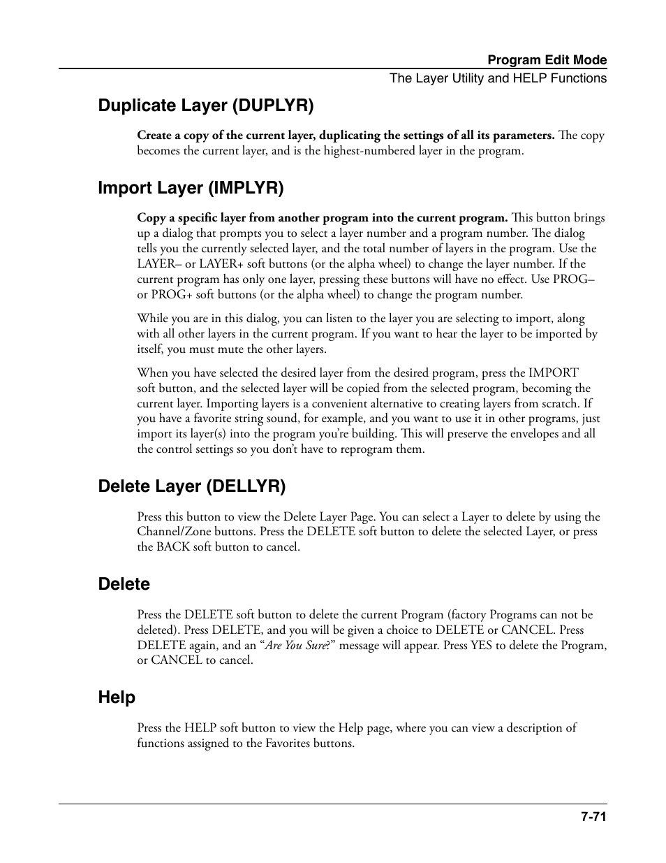 Duplicate layer (duplyr), Import layer (implyr), Delete layer (dellyr) | Delete, Help | Kurzweil Forte User Manual | Page 168 / 388