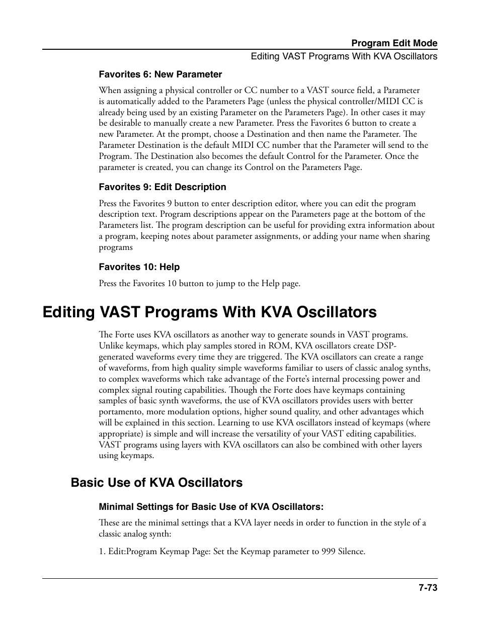 Favorites 6: new parameter, Favorites 9: edit description, Favorites 10: help | Editing vast programs with kva oscillators, Basic use of kva oscillators, Minimal settings for basic use of kva oscillators, Editing vast programs with kva oscillators -73, Basic use of kva oscillators -73, For mor, A oscillators (see | Kurzweil Forte User Manual | Page 170 / 388