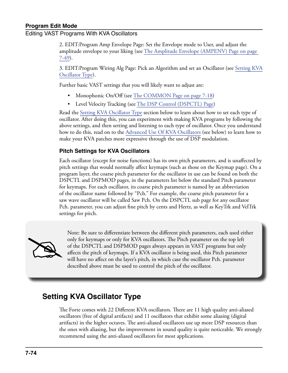 Pitch settings for kva oscillators, Setting kva oscillator type, Pitch settings for kva oscillators -74 | Setting kva oscillator type -74 | Kurzweil Forte User Manual | Page 171 / 388