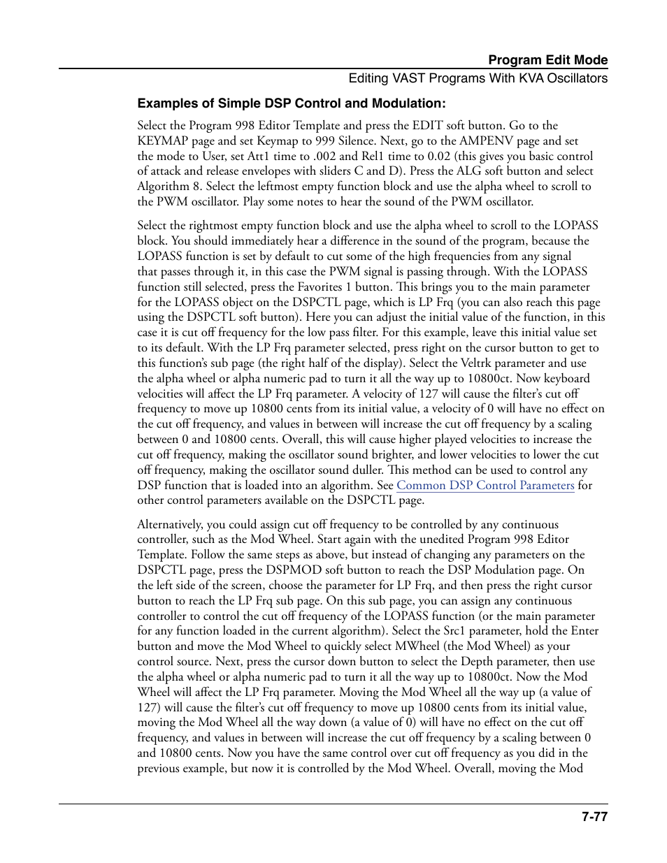 Examples of simple dsp control and modulation, Examples of simple dsp control and modulation: -77 | Kurzweil Forte User Manual | Page 174 / 388